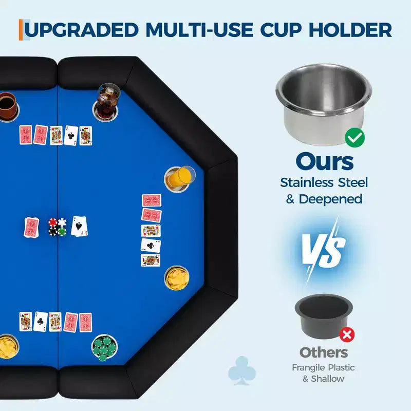 Table de poker pliante de 48 pouces, Table de jeu octogonale avec bords rembourrés, Porte-gobelets en acier inoxydable, Pieds repliables, 8 joueurs pour le Texas Hold'em
