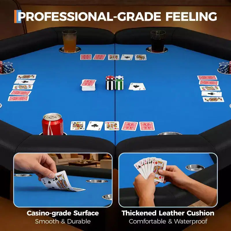 Table de poker pliante de 48 pouces, Table de jeu octogonale avec bords rembourrés, Porte-gobelets en acier inoxydable, Pieds repliables, 8 joueurs pour le Texas Hold'em
