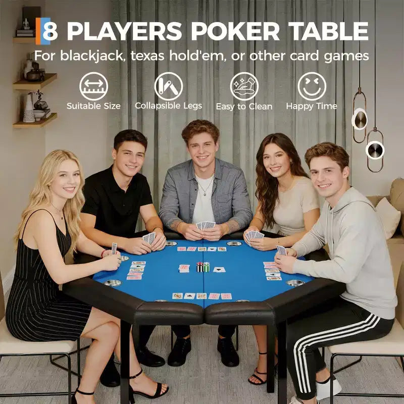 Table de poker pliante de 48 pouces, Table de jeu octogonale avec bords rembourrés, Porte-gobelets en acier inoxydable, Pieds repliables, 8 joueurs pour le Texas Hold'em