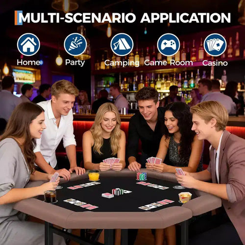 Table de poker pliante de 48 pouces, Table de jeu octogonale avec bords rembourrés, Porte-gobelets en acier inoxydable, Pieds repliables, 8 joueurs pour le Texas Hold'em