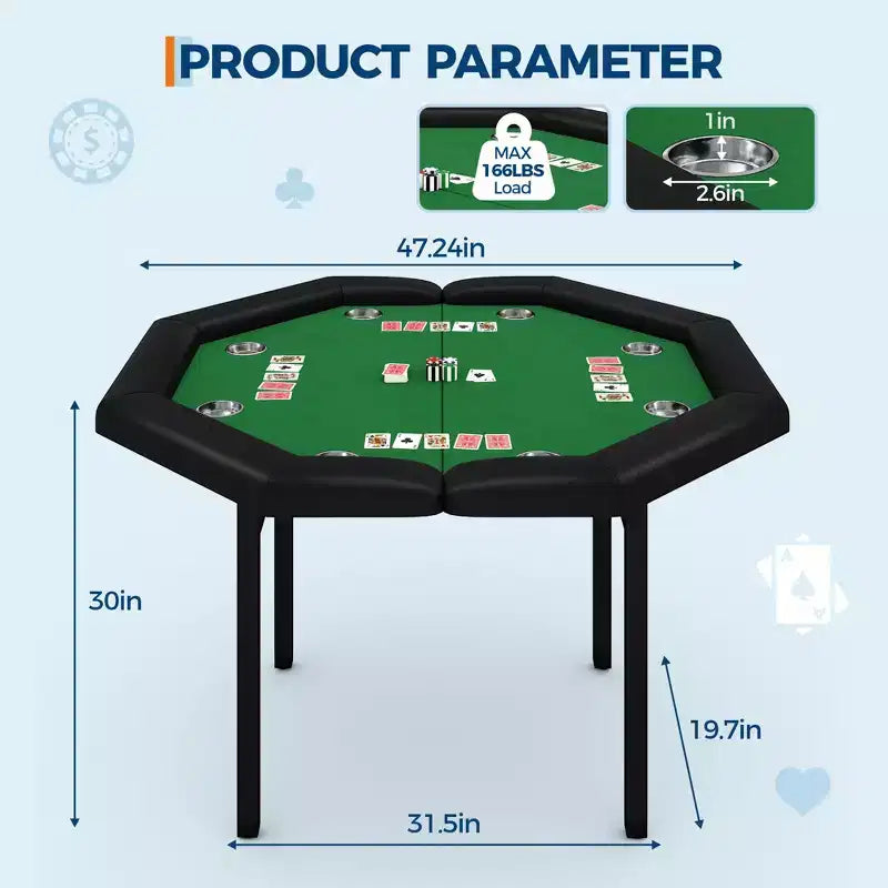 Table de poker pliante de 48 pouces, Table de jeu octogonale avec bords rembourrés, Porte-gobelets en acier inoxydable, Pieds repliables, 8 joueurs pour le Texas Hold'em