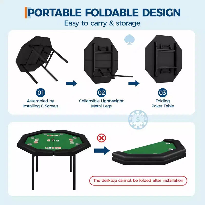 Table de poker pliante de 48 pouces, Table de jeu octogonale avec bords rembourrés, Porte-gobelets en acier inoxydable, Pieds repliables, 8 joueurs pour le Texas Hold'em