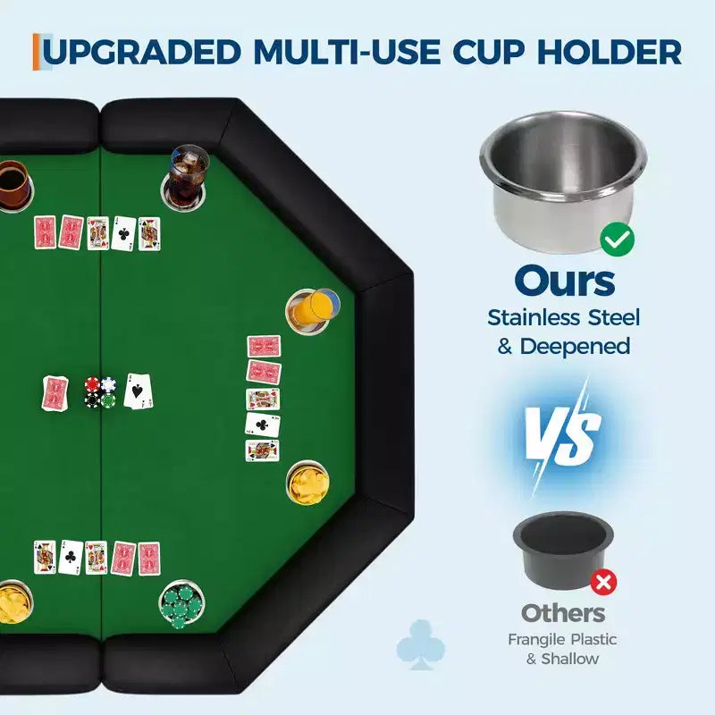 Table de poker pliante de 48 pouces, Table de jeu octogonale avec bords rembourrés, Porte-gobelets en acier inoxydable, Pieds repliables, 8 joueurs pour le Texas Hold'em