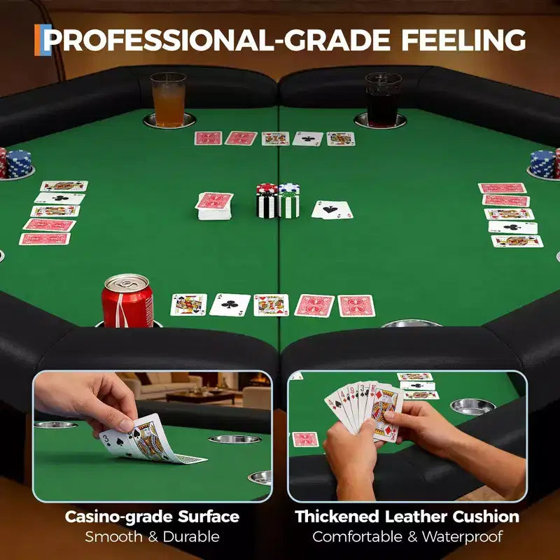 Table de poker pliante de 48 pouces, Table de jeu octogonale avec bords rembourrés, Porte-gobelets en acier inoxydable, Pieds repliables, 8 joueurs pour le Texas Hold'em