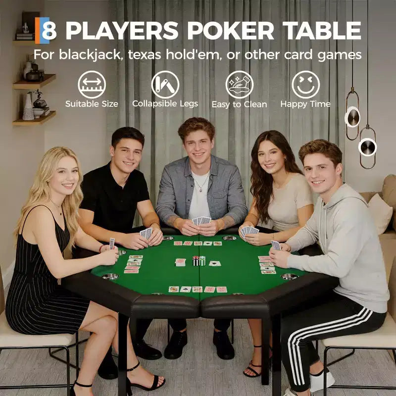 Table de poker pliante de 48 pouces, Table de jeu octogonale avec bords rembourrés, Porte-gobelets en acier inoxydable, Pieds repliables, 8 joueurs pour le Texas Hold'em