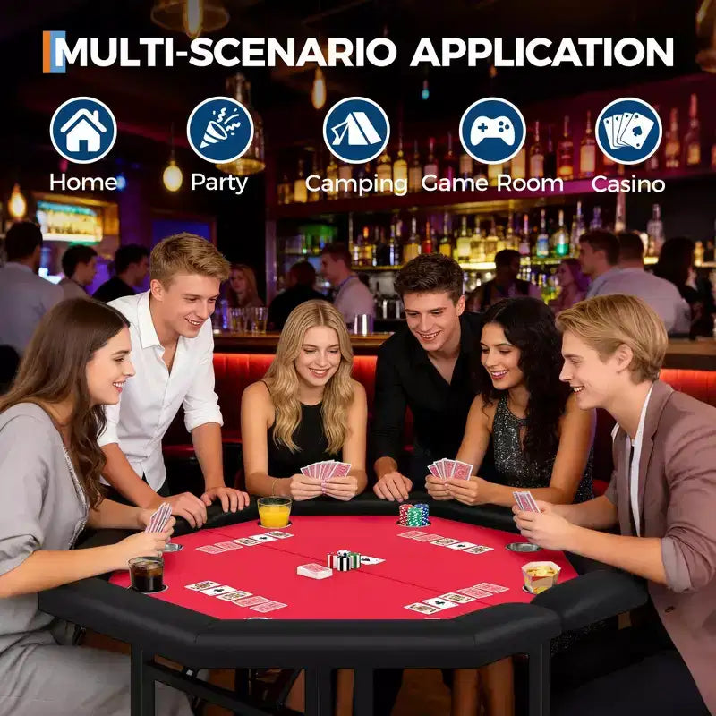 Table de poker pliante de 48 pouces, Table de jeu octogonale avec bords rembourrés, Porte-gobelets en acier inoxydable, Pieds repliables, 8 joueurs pour le Texas Hold'em
