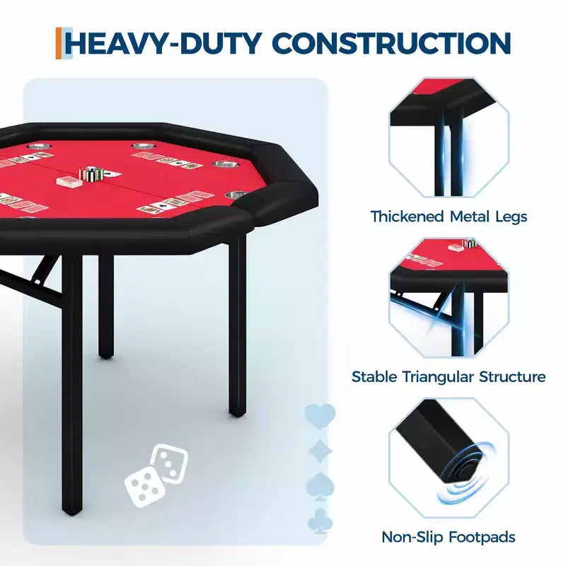 Table de poker pliante de 48 pouces, Table de jeu octogonale avec bords rembourrés, Porte-gobelets en acier inoxydable, Pieds repliables, 8 joueurs pour le Texas Hold'em