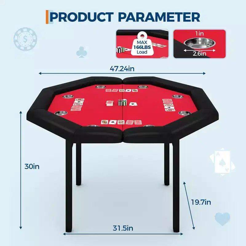 Table de poker pliante de 48 pouces, Table de jeu octogonale avec bords rembourrés, Porte-gobelets en acier inoxydable, Pieds repliables, 8 joueurs pour le Texas Hold'em