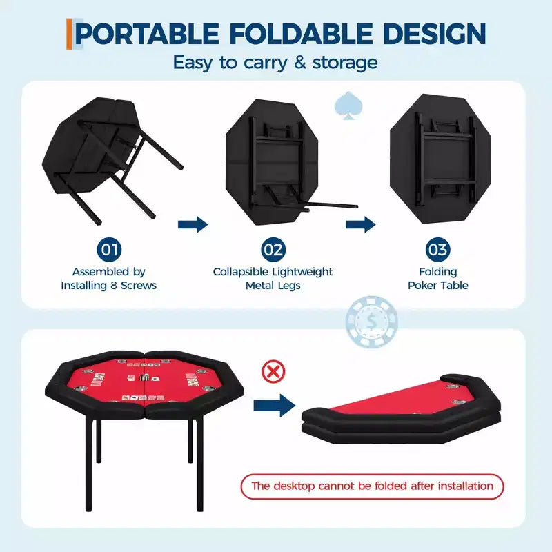 Table de poker pliante de 48 pouces, Table de jeu octogonale avec bords rembourrés, Porte-gobelets en acier inoxydable, Pieds repliables, 8 joueurs pour le Texas Hold'em