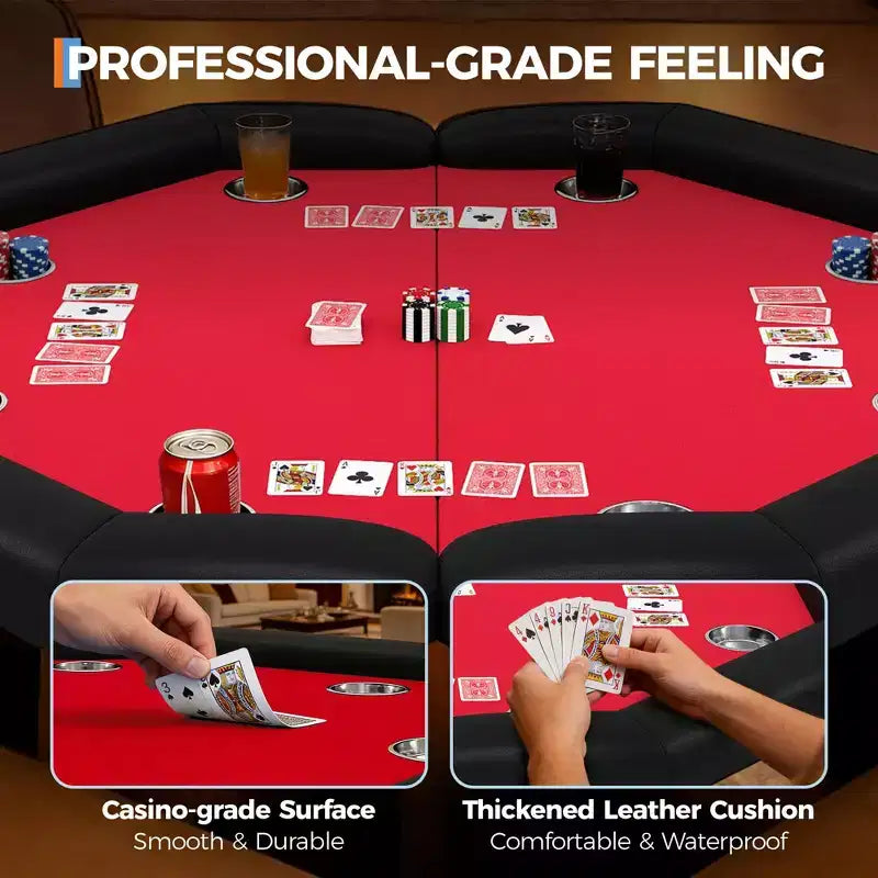 Table de poker pliante de 48 pouces, Table de jeu octogonale avec bords rembourrés, Porte-gobelets en acier inoxydable, Pieds repliables, 8 joueurs pour le Texas Hold'em