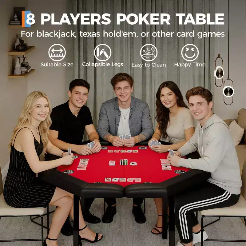 Table de poker pliante de 48 pouces, Table de jeu octogonale avec bords rembourrés, Porte-gobelets en acier inoxydable, Pieds repliables, 8 joueurs pour le Texas Hold'em