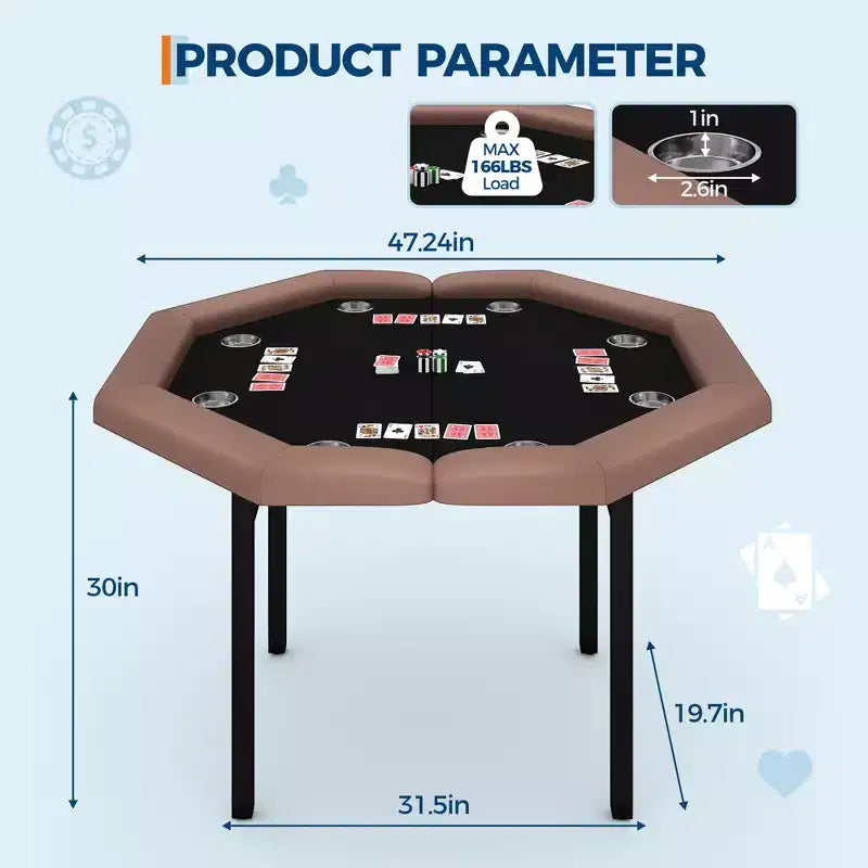 Table de poker pliante de 48 pouces, Table de jeu octogonale avec bords rembourrés, Porte-gobelets en acier inoxydable, Pieds repliables, 8 joueurs pour le Texas Hold'em