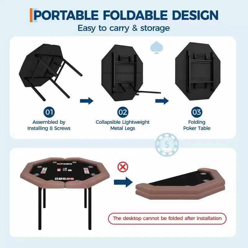 Table de poker pliante de 48 pouces, Table de jeu octogonale avec bords rembourrés, Porte-gobelets en acier inoxydable, Pieds repliables, 8 joueurs pour le Texas Hold'em
