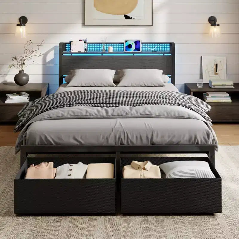 Queen Size Platform Bed Frame 2 Storage Drawers Headboard LED Lights Charging Station Heavy Duty Metal Wood No Box Spring Needed Guest Bedroom USB