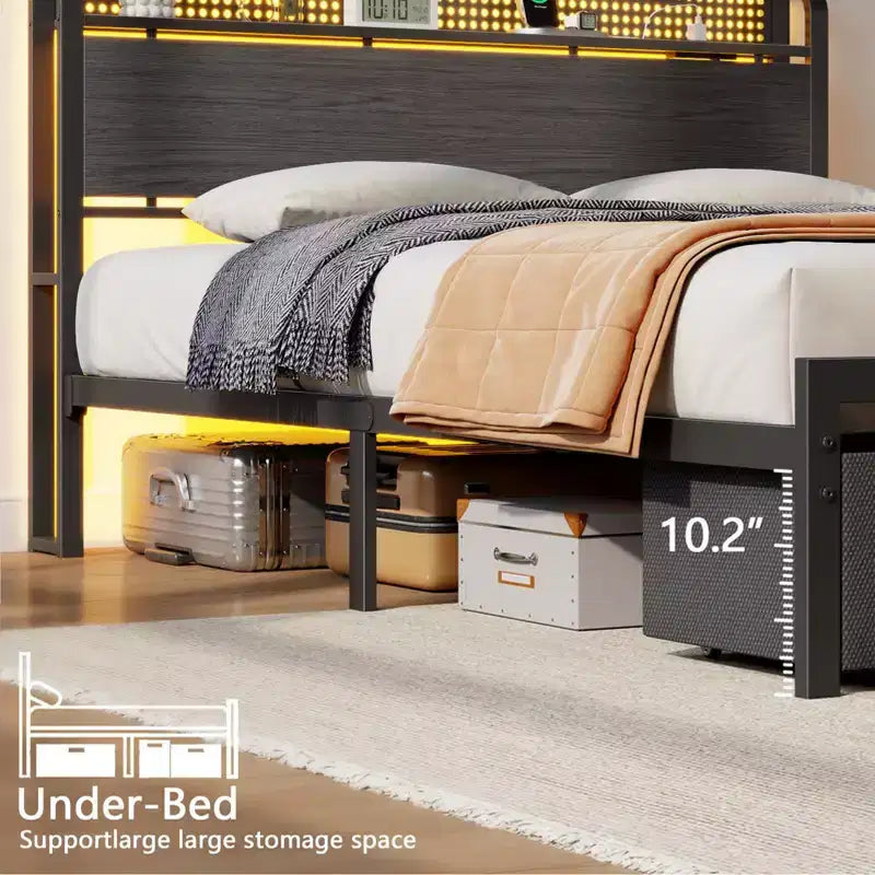 Cadre de lit plateforme Queen avec 2 tiroirs de rangement Tête de lit Lumières LED Station de recharge Métal Bois robuste Pas besoin de sommier Chambre d'amis USB