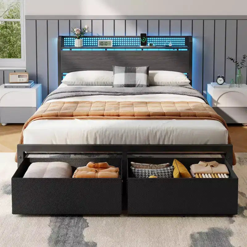 Cadre de lit plateforme Queen avec 2 tiroirs de rangement Tête de lit Lumières LED Station de recharge Métal Bois robuste Pas besoin de sommier Chambre d'amis USB