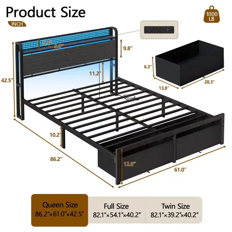 Cadre de lit plateforme Queen avec 2 tiroirs de rangement Tête de lit Lumières LED Station de recharge Métal Bois robuste Pas besoin de sommier Chambre d'amis USB