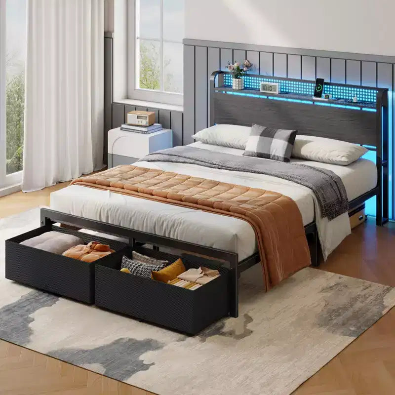 Cadre de lit plateforme Queen avec 2 tiroirs de rangement Tête de lit Lumières LED Station de recharge Métal Bois robuste Pas besoin de sommier Chambre d'amis USB