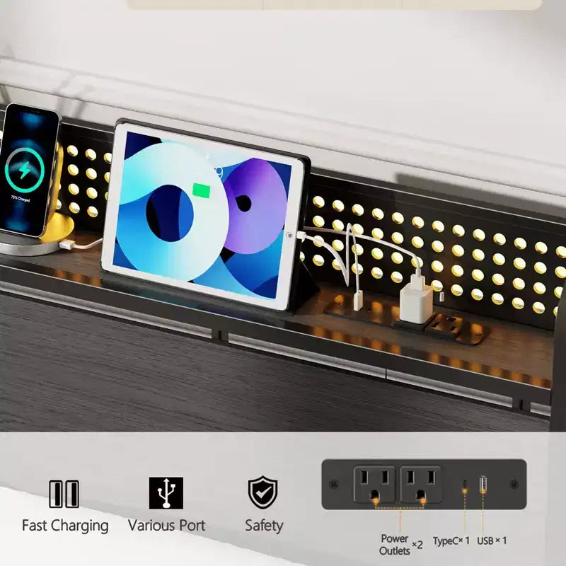 Cadre de lit plateforme Queen avec 2 tiroirs de rangement Tête de lit Lumières LED Station de recharge Métal Bois robuste Pas besoin de sommier Chambre d'amis USB