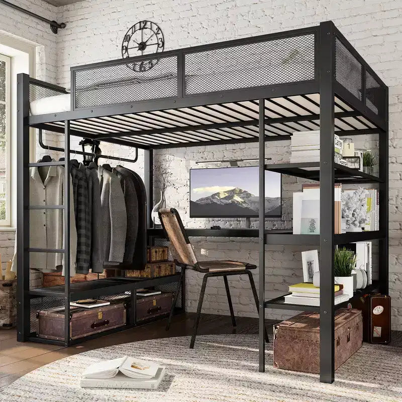 Bellemave Queen Metal Loft Bed with Desk, Storage Shelves &amp; Hanging Rod, Space-Saving Loft Bed Frame with Guardrails &amp; Ladder, No Box Spring, Black
