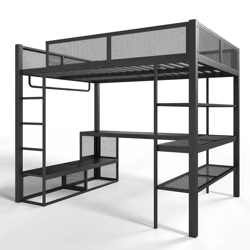 Lit mezzanine en métal Queen avec bureau, étagères de rangement et tringle à vêtements, cadre de lit mezzanine peu encombrant avec garde-corps et échelle, pas de sommier tapissier, noir