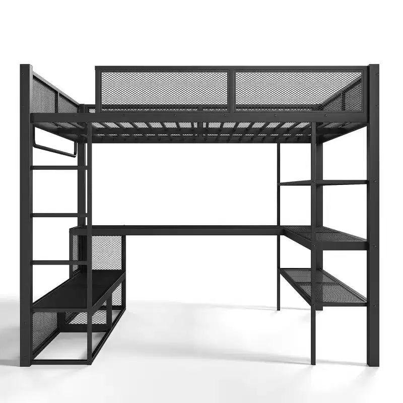 Lit mezzanine en métal Queen avec bureau, étagères de rangement et tringle à vêtements, cadre de lit mezzanine peu encombrant avec garde-corps et échelle, pas de sommier tapissier, noir