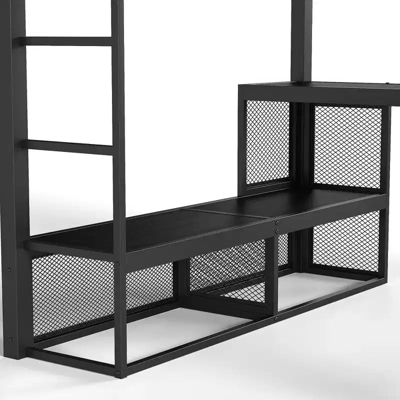 Lit mezzanine en métal Queen avec bureau, étagères de rangement et tringle à vêtements, cadre de lit mezzanine peu encombrant avec garde-corps et échelle, pas de sommier tapissier, noir