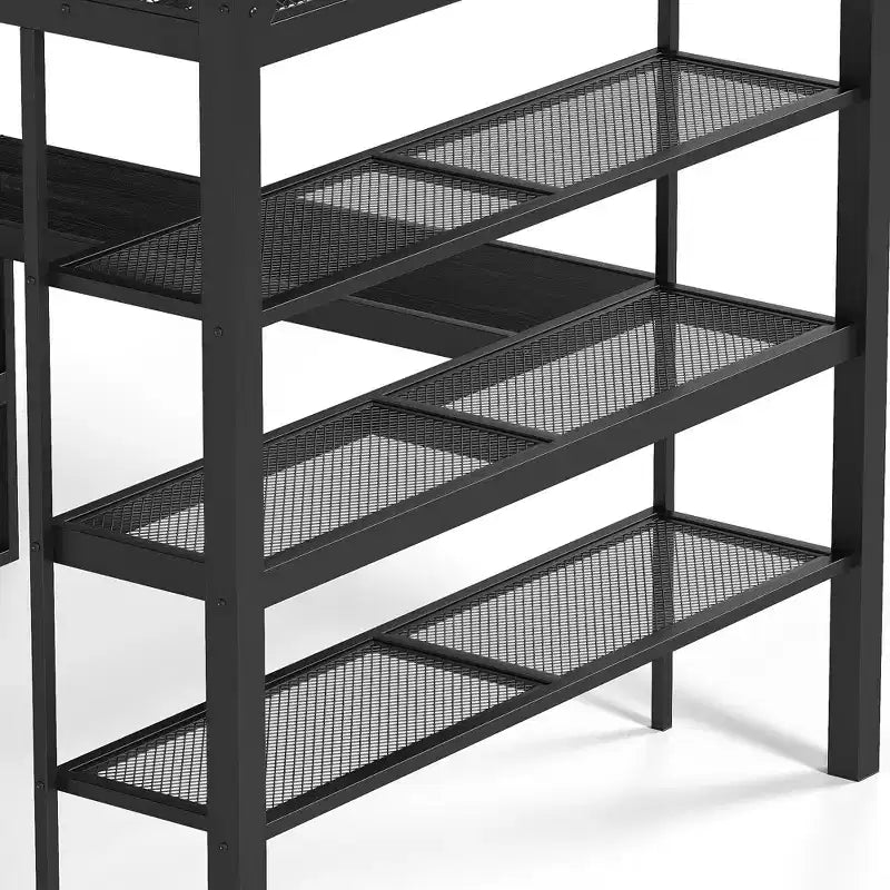 Lit mezzanine en métal Queen avec bureau, étagères de rangement et tringle à vêtements, cadre de lit mezzanine peu encombrant avec garde-corps et échelle, pas de sommier tapissier, noir