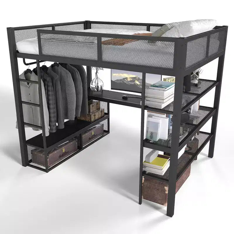 Lit mezzanine en métal Queen avec bureau, étagères de rangement et tringle à vêtements, cadre de lit mezzanine peu encombrant avec garde-corps et échelle, pas de sommier tapissier, noir