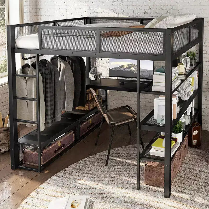 Lit mezzanine en métal Queen avec bureau, étagères de rangement et tringle à vêtements, cadre de lit mezzanine peu encombrant avec garde-corps et échelle, pas de sommier tapissier, noir