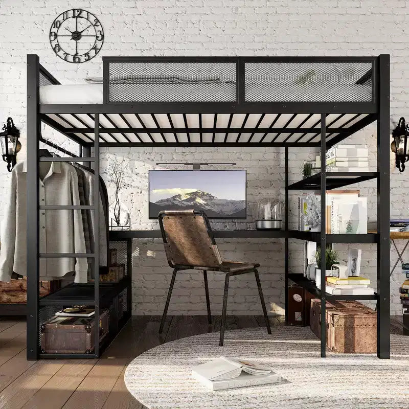 Lit mezzanine en métal Queen avec bureau, étagères de rangement et tringle à vêtements, cadre de lit mezzanine peu encombrant avec garde-corps et échelle, pas de sommier tapissier, noir
