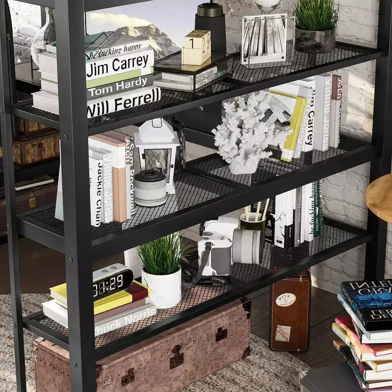 Lit mezzanine en métal Queen avec bureau, étagères de rangement et tringle à vêtements, cadre de lit mezzanine peu encombrant avec garde-corps et échelle, pas de sommier tapissier, noir