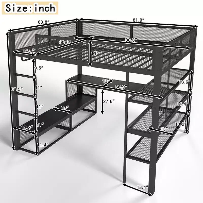 Lit mezzanine en métal Queen avec bureau, étagères de rangement et tringle à vêtements, cadre de lit mezzanine peu encombrant avec garde-corps et échelle, pas de sommier tapissier, noir