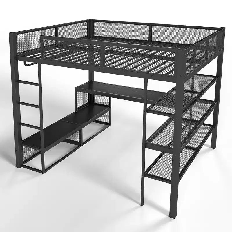 Lit mezzanine en métal Queen avec bureau, étagères de rangement et tringle à vêtements, cadre de lit mezzanine peu encombrant avec garde-corps et échelle, pas de sommier tapissier, noir