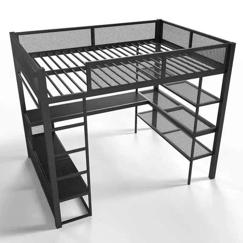 Lit mezzanine en métal Queen avec bureau, étagères de rangement et tringle à vêtements, cadre de lit mezzanine peu encombrant avec garde-corps et échelle, pas de sommier tapissier, noir