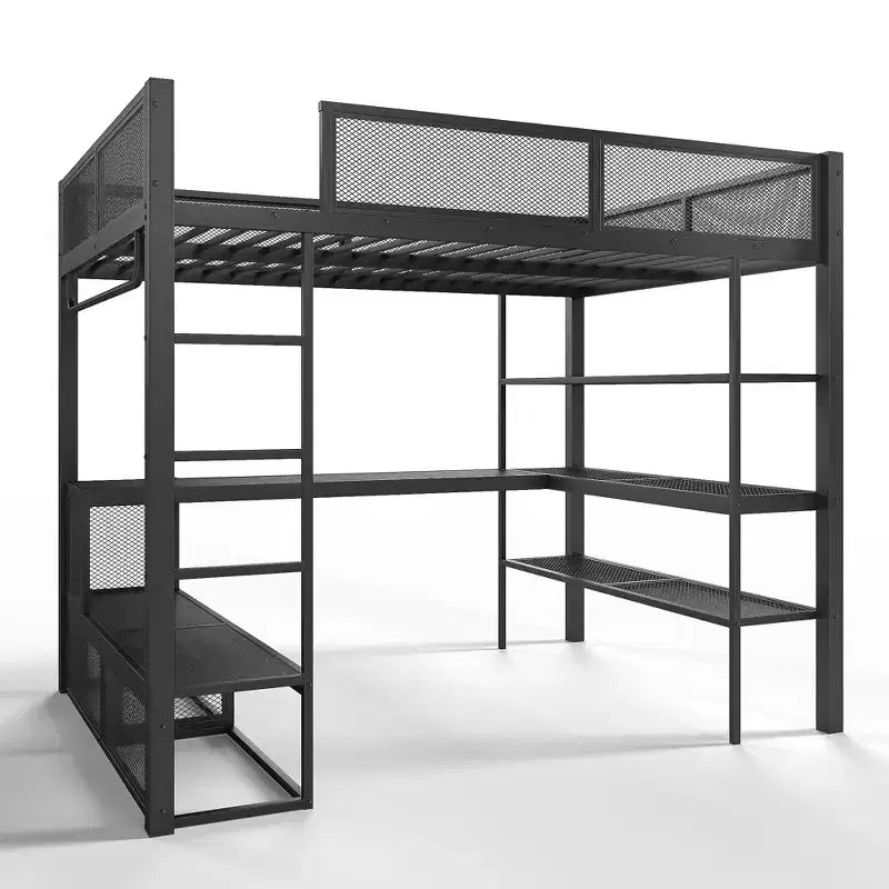 Lit mezzanine en métal Queen avec bureau, étagères de rangement et tringle à vêtements, cadre de lit mezzanine peu encombrant avec garde-corps et échelle, pas de sommier tapissier, noir