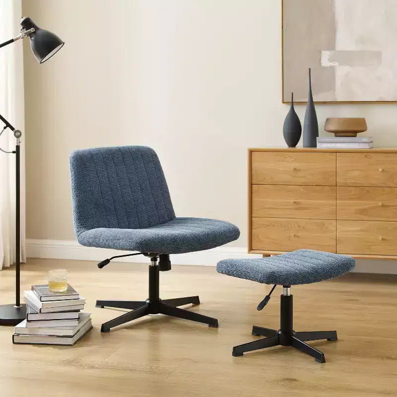 Fauteuil pivotant, chaise de bureau sans roulettes, chaise sans accoudoirs rembourrée en tissu bouclé moderne avec repose-pieds