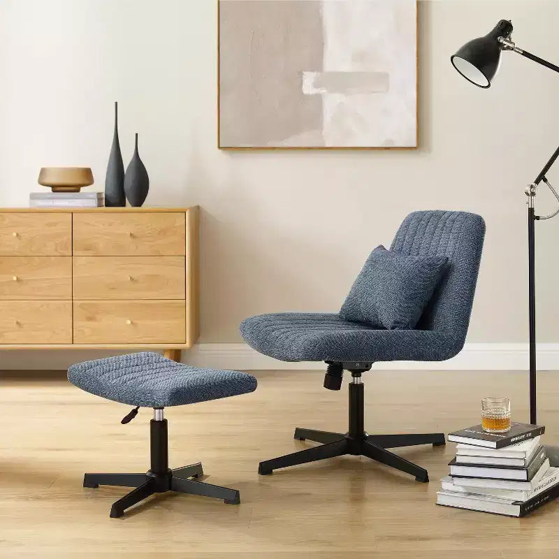 Fauteuil pivotant, chaise de bureau sans roulettes, chaise sans accoudoirs rembourrée en tissu bouclé moderne avec repose-pieds