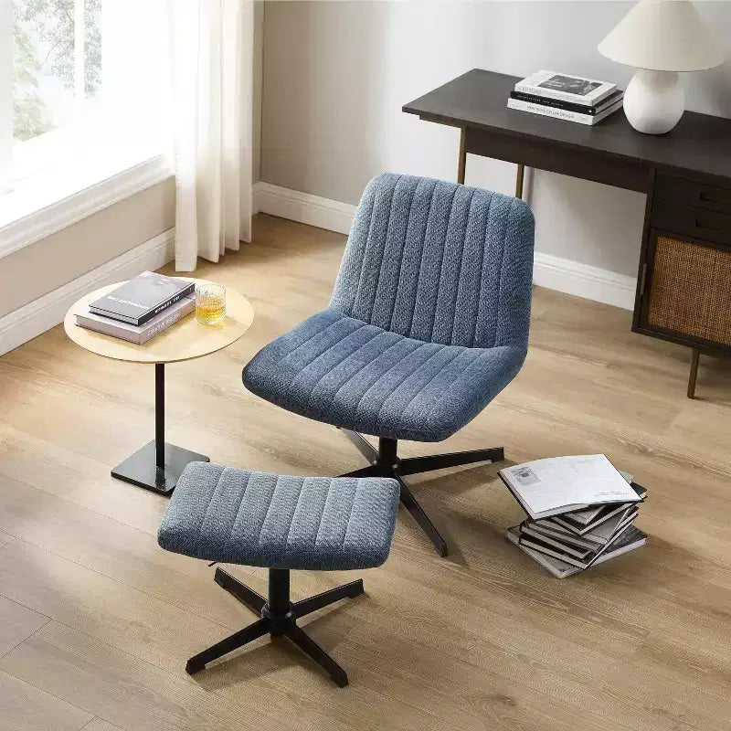 Fauteuil pivotant, chaise de bureau sans roulettes, chaise sans accoudoirs rembourrée en tissu bouclé moderne avec repose-pieds