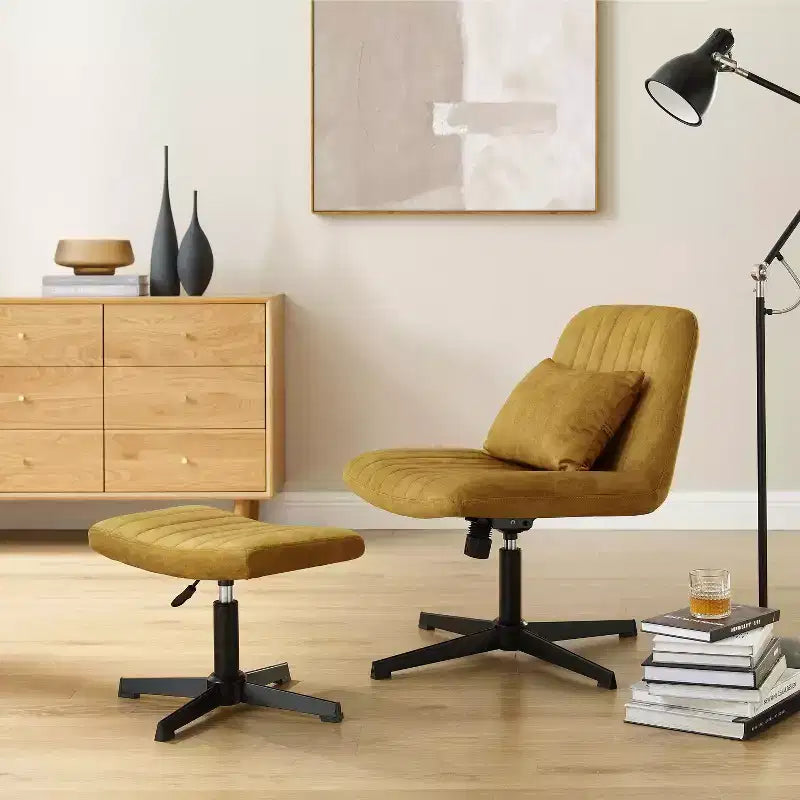 Fauteuil pivotant, chaise de bureau sans roulettes, chaise sans accoudoirs rembourrée en tissu bouclé moderne avec repose-pieds