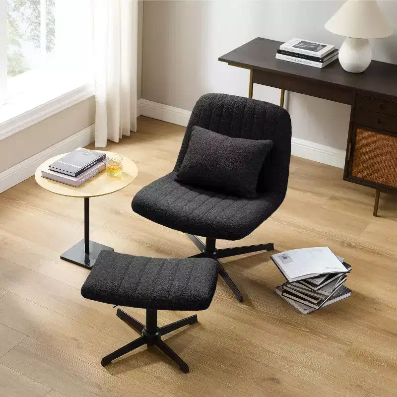 Fauteuil pivotant, chaise de bureau sans roulettes, chaise sans accoudoirs rembourrée en tissu bouclé moderne avec repose-pieds