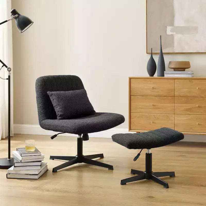 Fauteuil pivotant, chaise de bureau sans roulettes, chaise sans accoudoirs rembourrée en tissu bouclé moderne avec repose-pieds