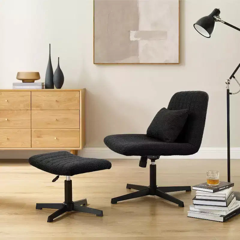 Fauteuil pivotant, chaise de bureau sans roulettes, chaise sans accoudoirs rembourrée en tissu bouclé moderne avec repose-pieds