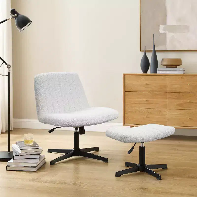 Fauteuil pivotant, chaise de bureau sans roulettes, chaise sans accoudoirs rembourrée en tissu bouclé moderne avec repose-pieds