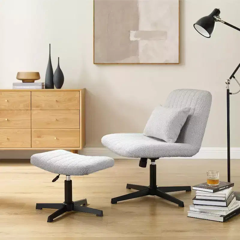 Fauteuil pivotant, chaise de bureau sans roulettes, chaise sans accoudoirs rembourrée en tissu bouclé moderne avec repose-pieds