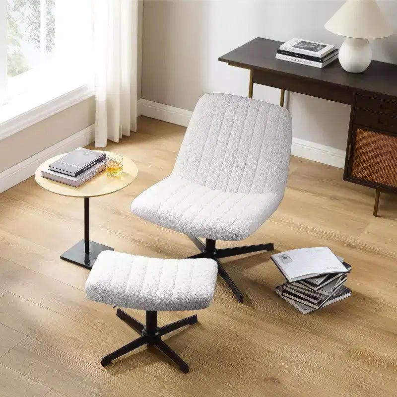 Fauteuil pivotant, chaise de bureau sans roulettes, chaise sans accoudoirs rembourrée en tissu bouclé moderne avec repose-pieds