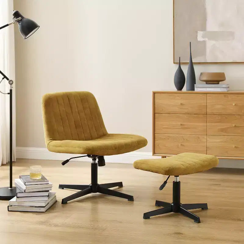Fauteuil pivotant, chaise de bureau sans roulettes, chaise sans accoudoirs rembourrée en tissu bouclé moderne avec repose-pieds