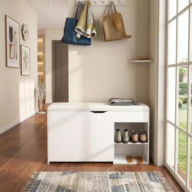 FurnitureR Entryway Bench with Shoe Storage, 3-Tier Flip-Up Drawers, Hidden Cabinet, Space-Saving Organizer, White