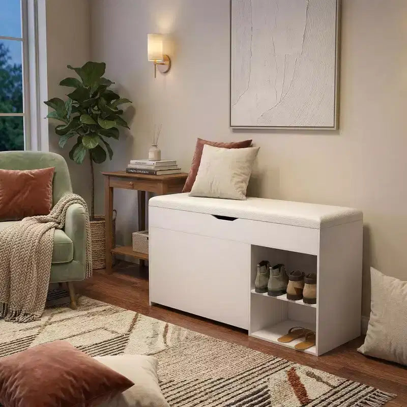 Banc d'entrée avec rangement à chaussures, tiroirs rabattables à 3 niveaux, armoire dissimulée, organisateur peu encombrant, blanc