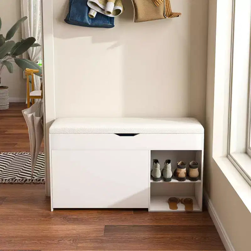 Banc d'entrée avec rangement à chaussures, tiroirs rabattables à 3 niveaux, armoire dissimulée, organisateur peu encombrant, blanc